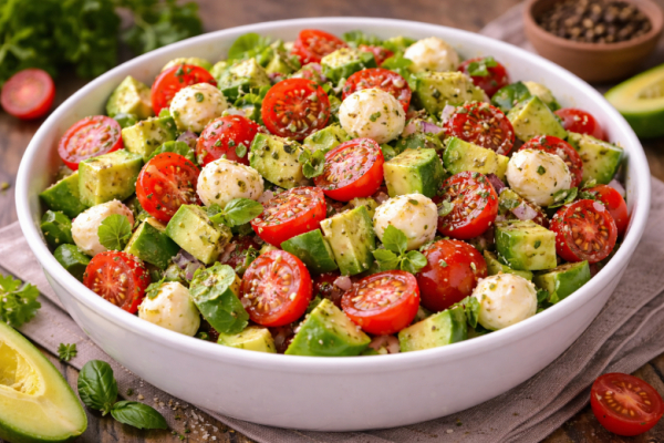Казалось бы овощи, но как все удачно замешано! Итальянский салат с помидорами, авокадо и моцареллой &mdash; свежий вкус в каждой ложке